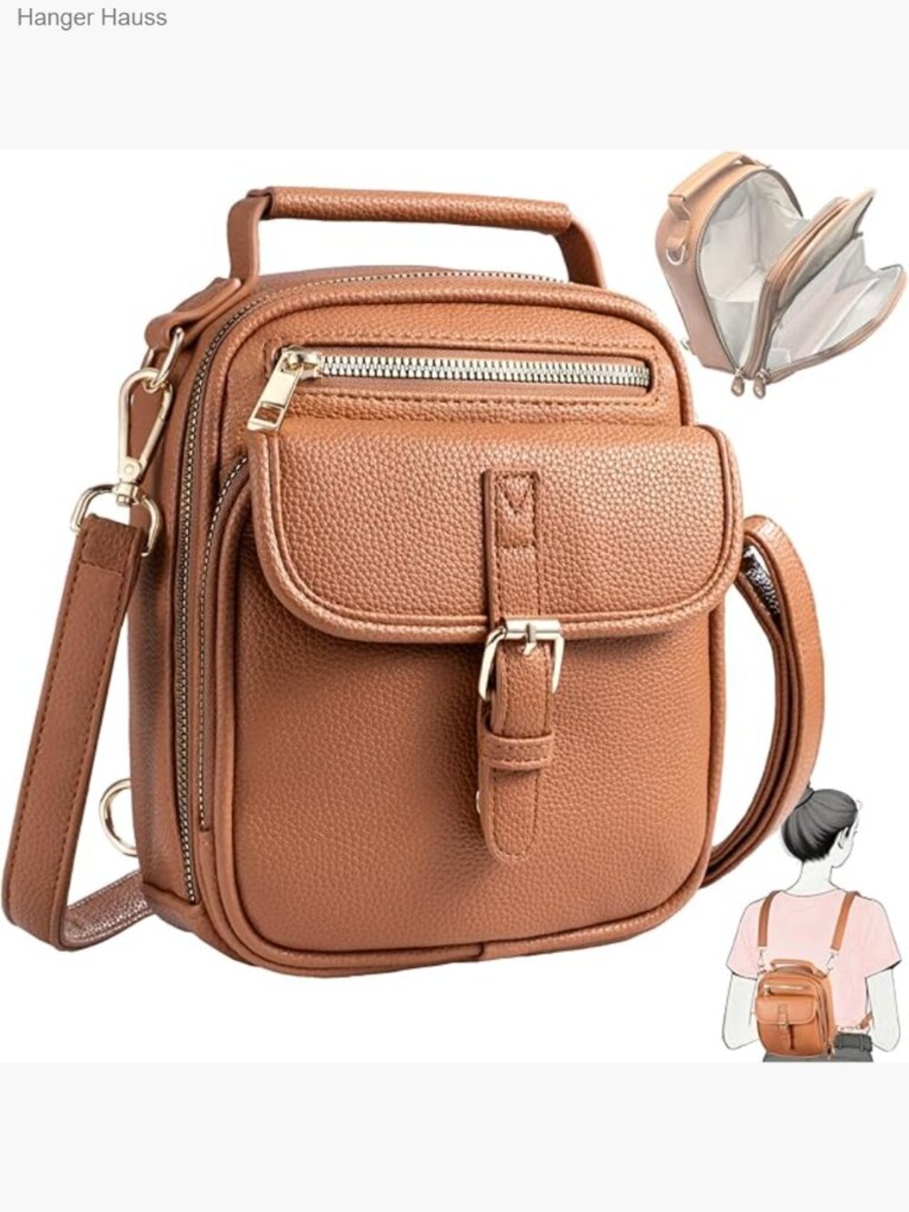 Vegan Leather Crossbody Bag with 2 Straps Anti Theft RFID